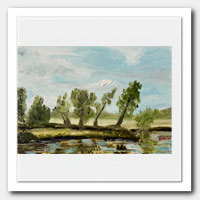 Landscape with trees and pond.